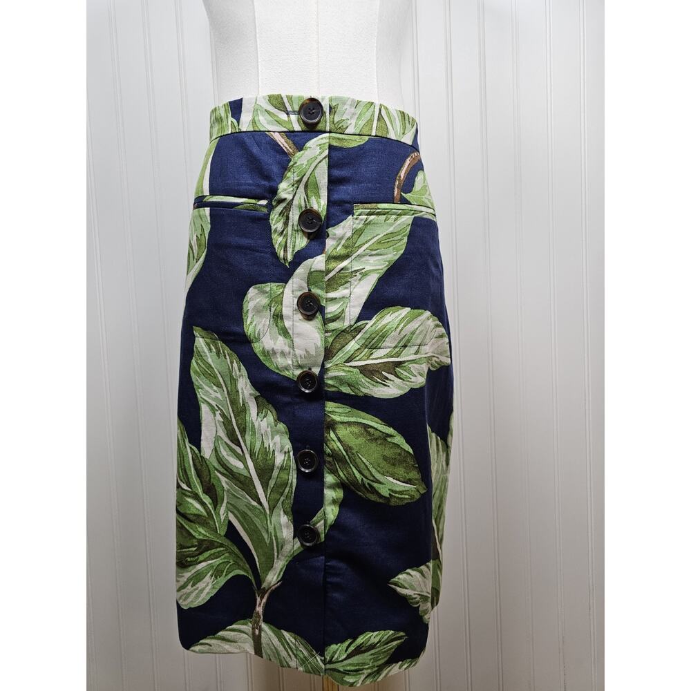 Ann Taylor Linen Blend Navy Botanical Leaf Button Down A-Line Skirt Women’s 6P